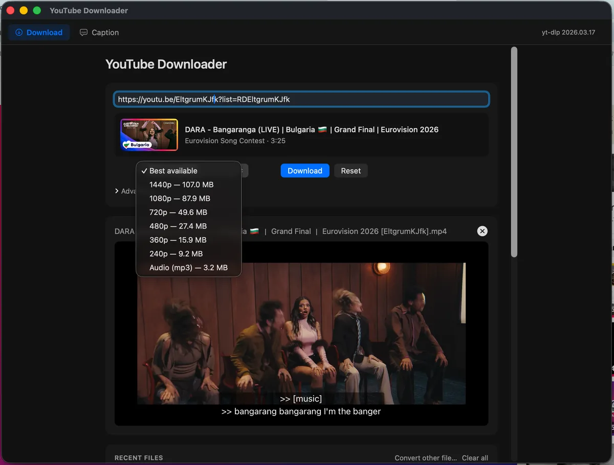 YouTube Downloader macOS app - URL input card with quality picker and file list